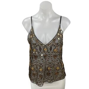 NEW Edyisa Cristina Embellished Women's Gold Sequin Sheer Mesh Cami Tank Top S/M
